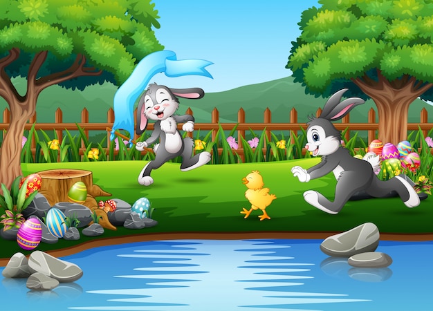 Cartoon rabbit running and playing on the nature