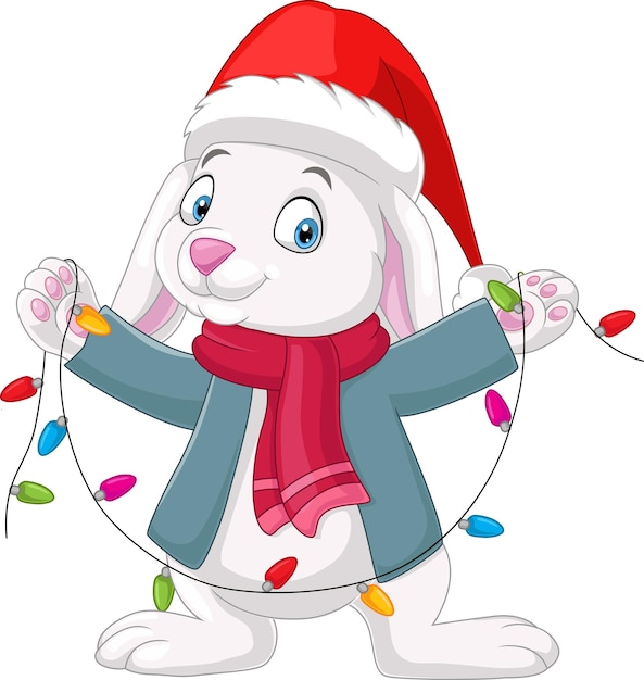 Cartoon rabbit wearing santa hat and scarf with christmas lights