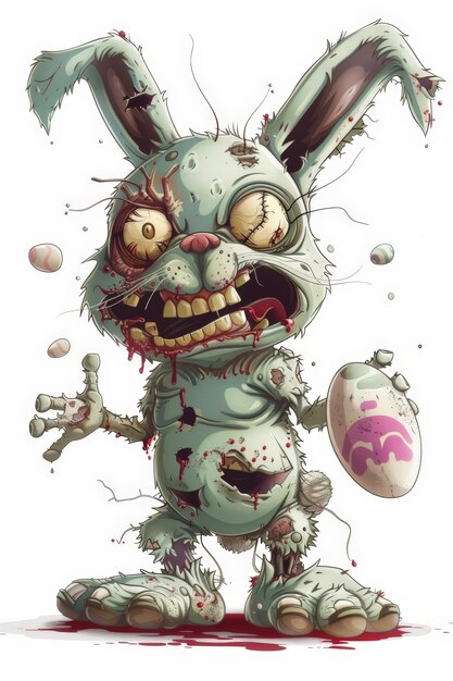 Vector a cartoon rabbit with a bloody face holding an easter egg