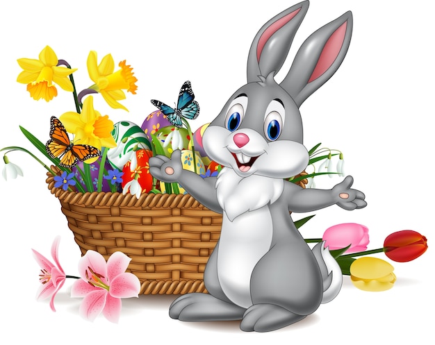 Cartoon rabbit with Easter egg in the basket