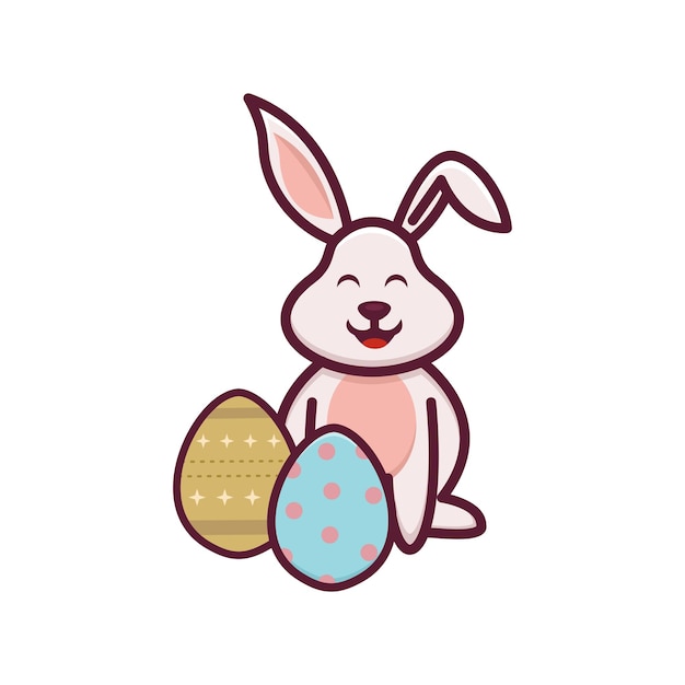 A cartoon rabbit with a pink face sits with an easter egg in its paws.