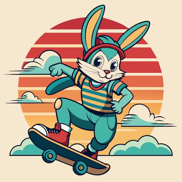 a cartoon rabbit with a striped shirt on is riding a skateboard