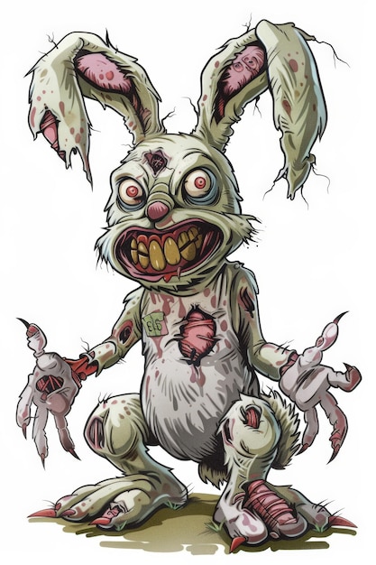 Vector a cartoon rabbit with a twisted face and bloody hands