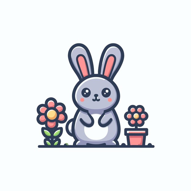 Vector a cartoon rabbit with a white chest and a pot of flowers