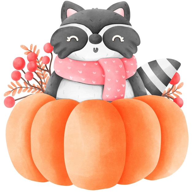 A cartoon raccoon is sitting in a pumpkin with a scarf around its neck