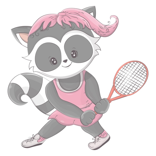 Cartoon raccoon tennis player.