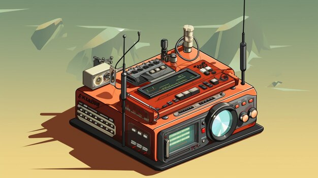 a cartoon of a radio station with a picture of a mountain in the background