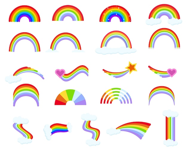 Cartoon rainbow colourful rainbows heart and cloud with rainbow colors tail childish flat vector ill