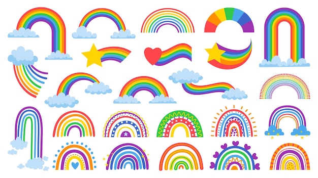 Cartoon rainbow Cute heaven arc cloud star and heart with rainbow tail Magic color stripes hand drawn vector illustration set