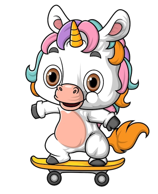 Cartoon rainbow unicorn playing skateboard