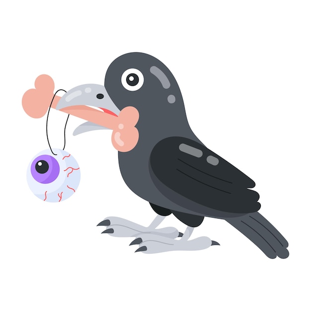 A cartoon of a raven with a purple eye on its beak.