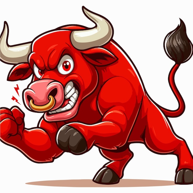 Vector cartoon red angry bull attack isolated