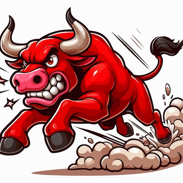 Vector cartoon red angry bull attack isolated