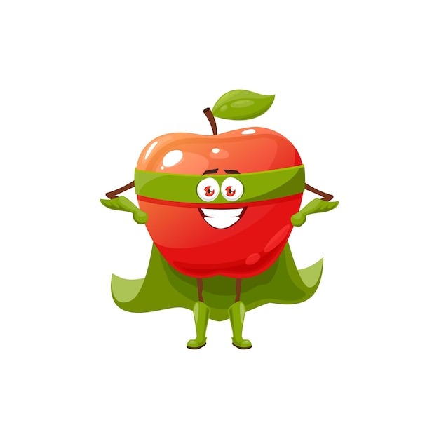 Cartoon red apple fruit superhero character Vector funny super hero mascot in mask and green cloak smiling stand with arms akimbo Fairy tale cartoon smiling apple hero