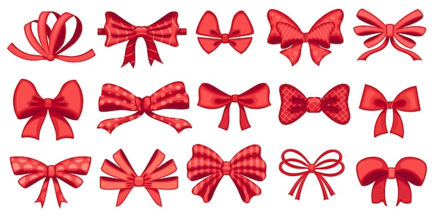 Cartoon red bow Ribbon knot decoration gift bows and present tie Accessories vector illustration set