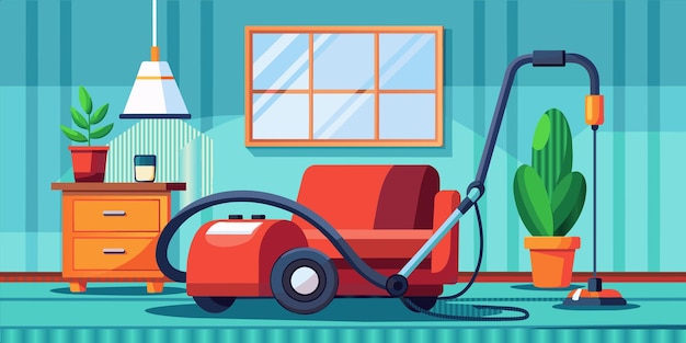 a cartoon of a red car with a vacuum cleaner in front of a blue house