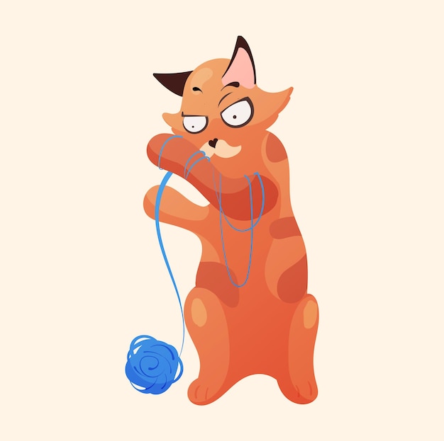 Vector cartoon red cat thoughtfully playing with a ball of thread