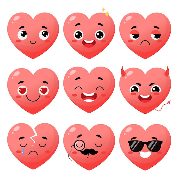 Cartoon red heart character with different facial expressions Happy cute heart emoji set Vector illustration for Valentines Day