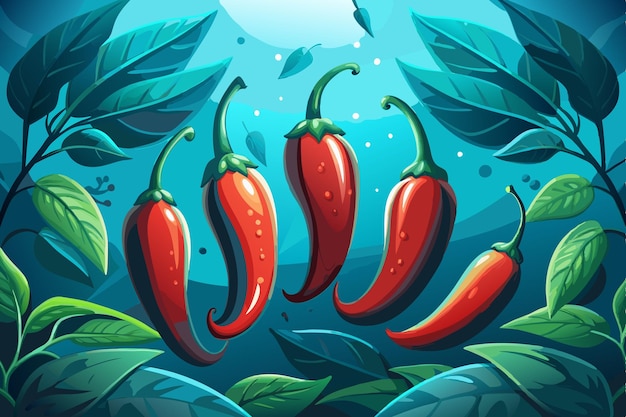 a cartoon of red peppers with the ocean in the background