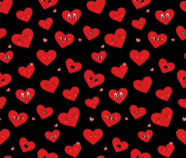 Cartoon res heart shape characters with funny faces Valentine day seamless pattern