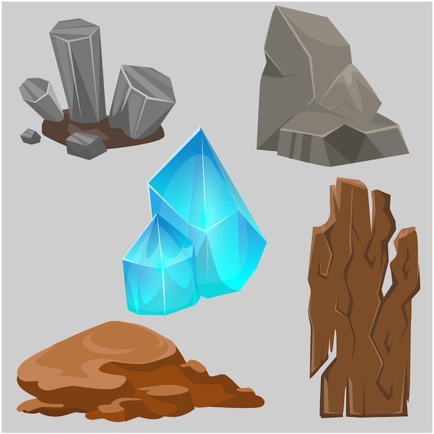 Cartoon resources set stone wood crystal clay and steel