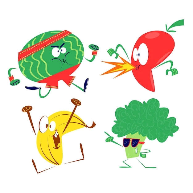 Cartoon retro fruits and vegetables collection