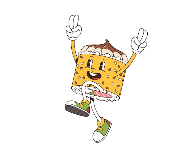 Cartoon retro groovy Japanese roll food character