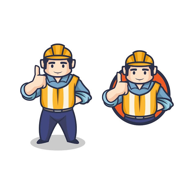 Cartoon retro vintage contractor or construction worker making thumbs up character mascot logo.