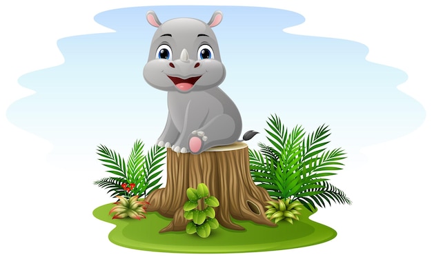 Cartoon rhino sitting on tree stump