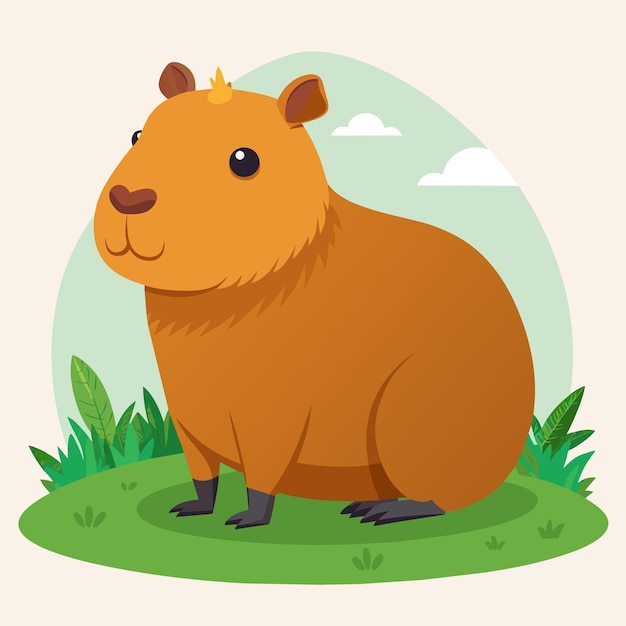 Vector a cartoon of a rhinoceros in a field with grass and clouds