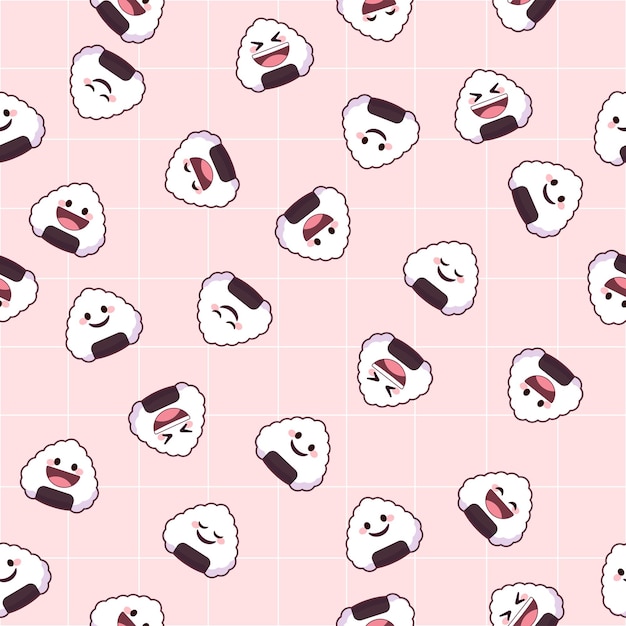 Cartoon rice ball cute emoji faces seamless pattern