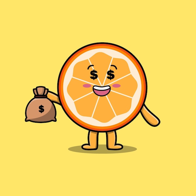 Cartoon rich orange fruit with money bag shaped