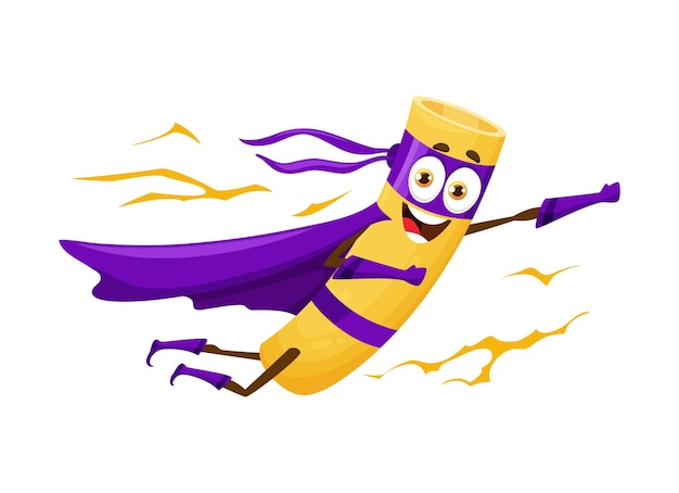 Vector cartoon rigatoni italian pasta food superhero character isolated vector quirky and fun super hero noodle personage equipped with superpowers flying to save the day with a delicious twist and laugh