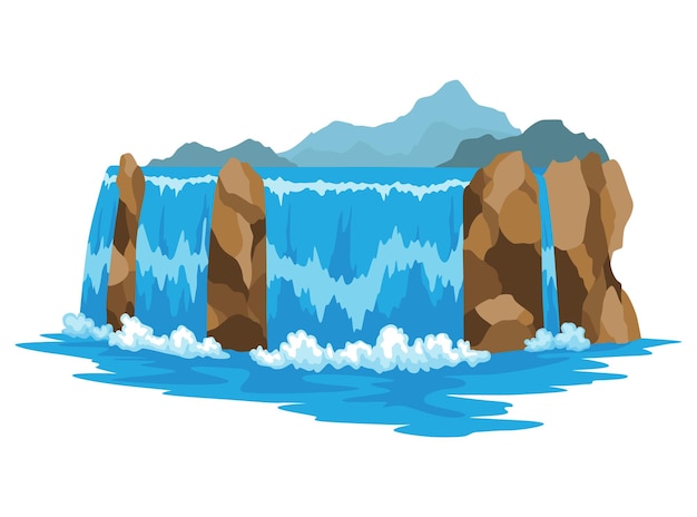 Cartoon river cascade waterfall Landscape with mountains and trees Design element for travel brochure or illustration mobile game Fresh natural water