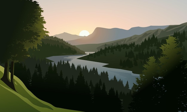 Vector a cartoon of a river with mountains in the background