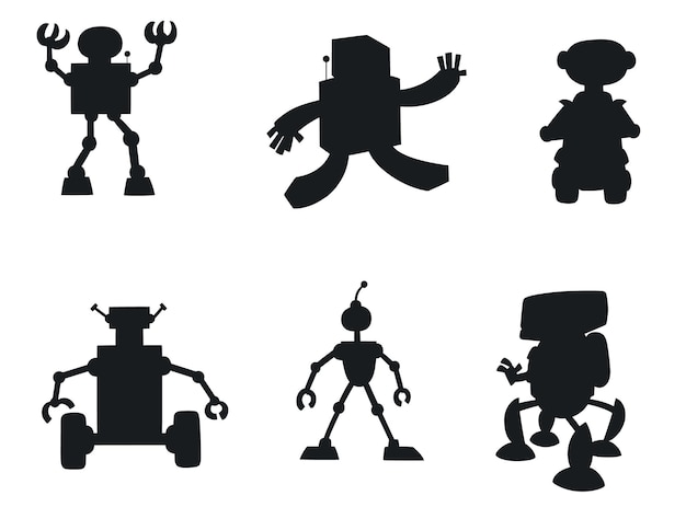 Vector cartoon robot characters silhouettes premium vector template