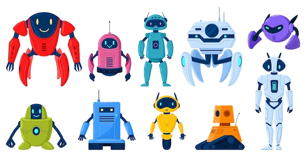 Cartoon robot characters technology cyborg mascots or mechanical toys Artificial intelligence scientific technology machines vector illustration set Digital cyborgs assistants automated service