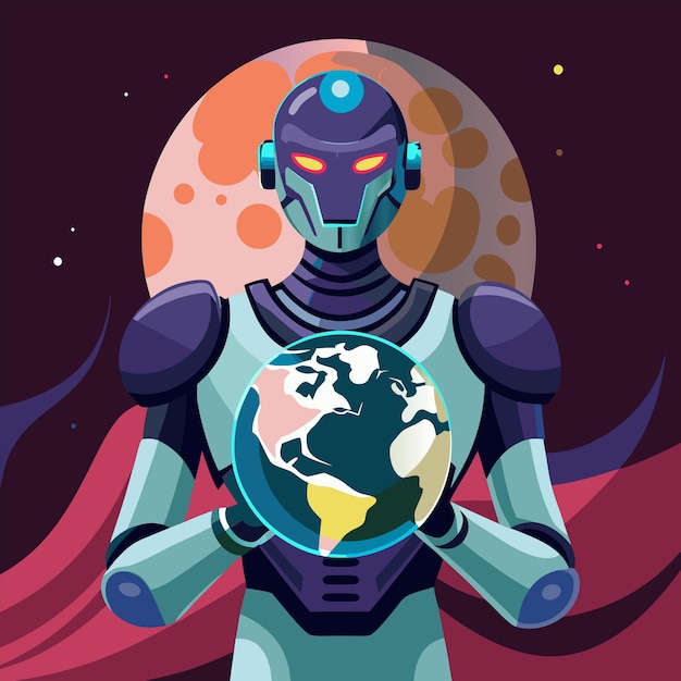 Vector a cartoon of a robot holding a globe with the earth in the background