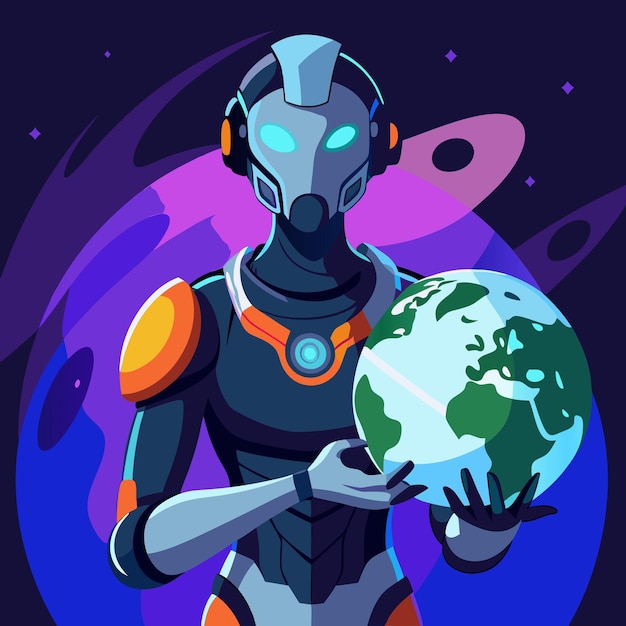 Vector a cartoon of a robot holding a globe with the words robot on it