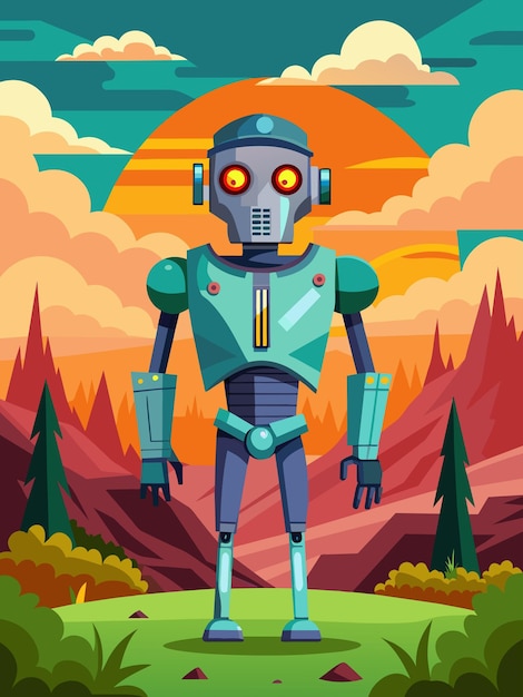 Vector cartoon robot standing in a landscape with a setting sun