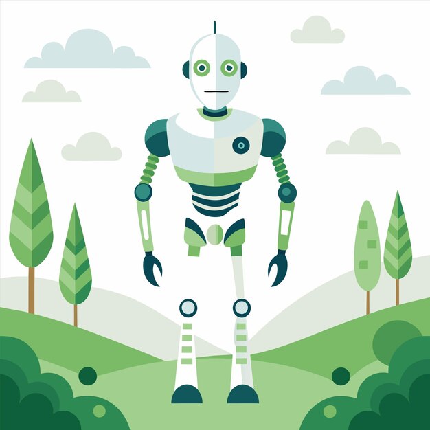 Vector a cartoon of a robot with a green background with a sky background