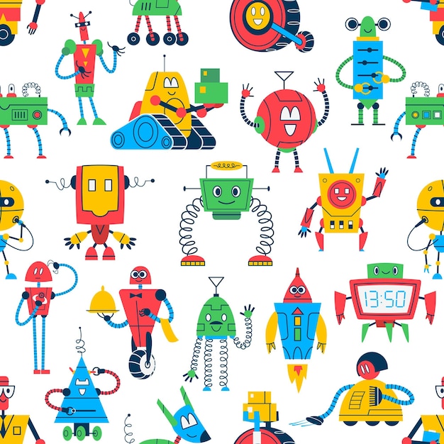 Cartoon robots seamless pattern with kids toys