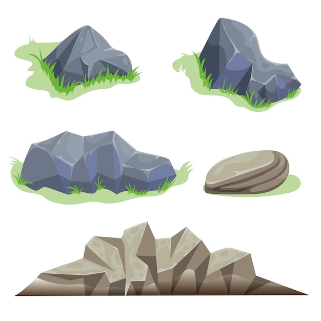 Cartoon rock and stones set Different shapes and textures Different boulders with grass collection Vector illustrations isolated on white background