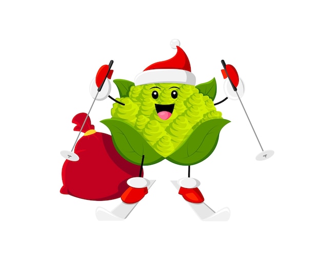 Cartoon romanesco cabbage vegetable character with ski Merry Xmas celebration happy New Year greeting or Christmas holiday vector cute veggie personage Winter season holiday cabbage funny character