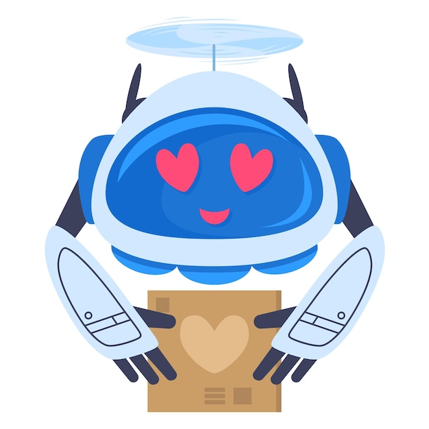 Cartoon romantic aerial drone cute robot carrying love letter flat vector illustration