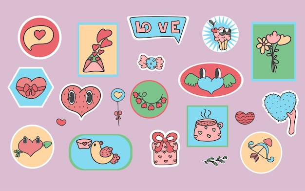 Cartoon romantic love valentines day elements and stickers Heart shape Valentines day romantic objects Groovy elements collection retro