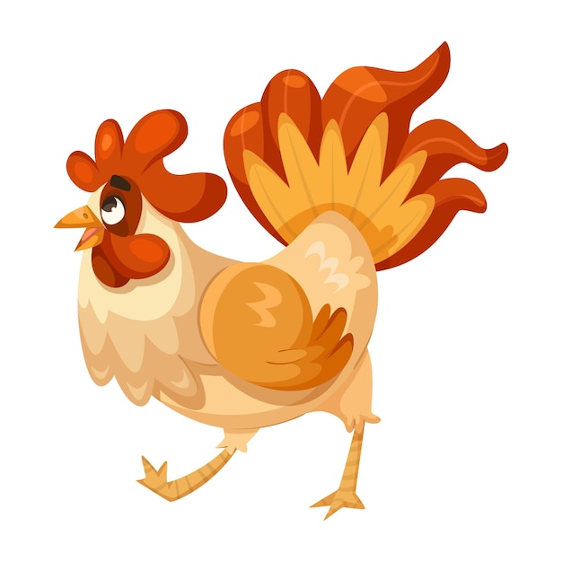 Cartoon rooster with vibrant tail feathers Vector illustration