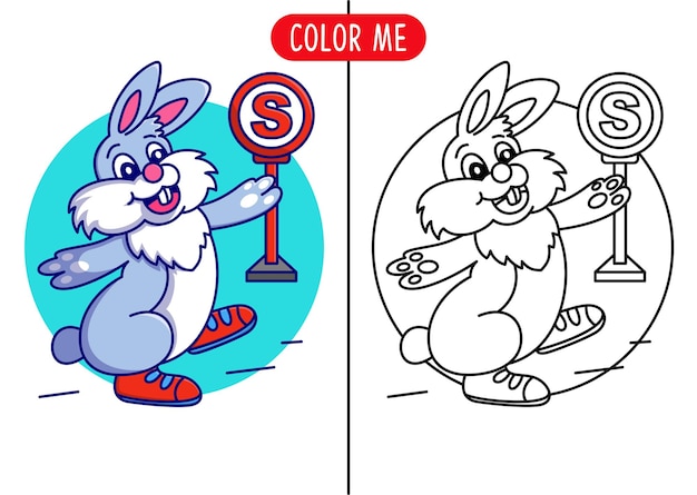 cartoon running rabbit coloring page or book for kids