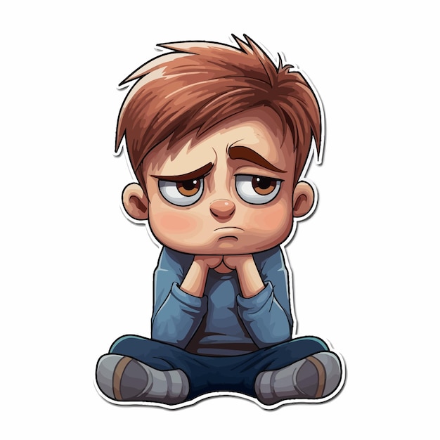 Vector a cartoon of a sad boy sitting on a white background