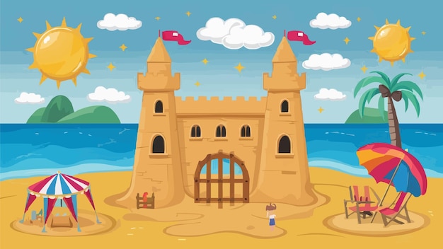 Vector cartoon sandcastle with tower gate and window for summer beach vacation and children play concept